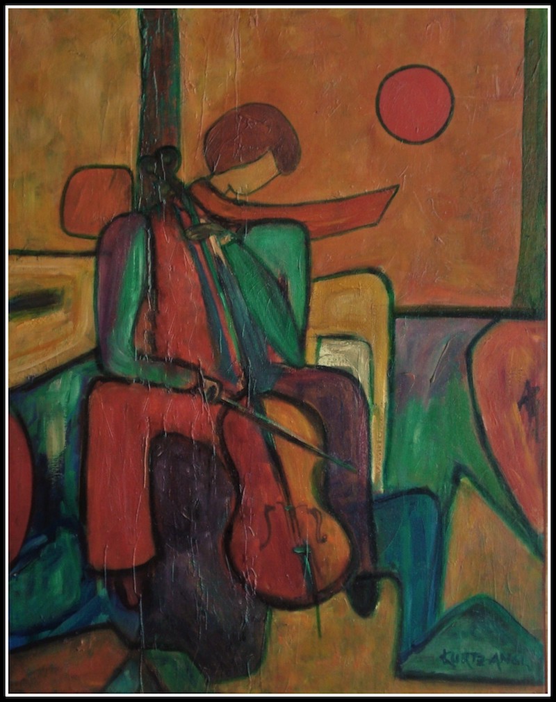 Cellist with Red Moon